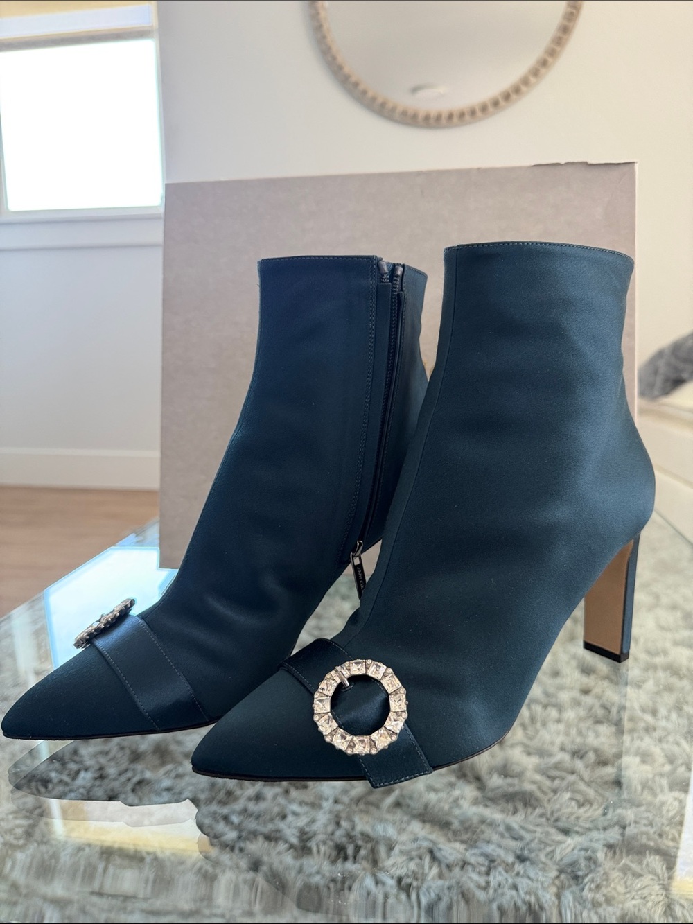 Blue Satin Pointed Toe Ankle Boots with Rhinestone Buckle